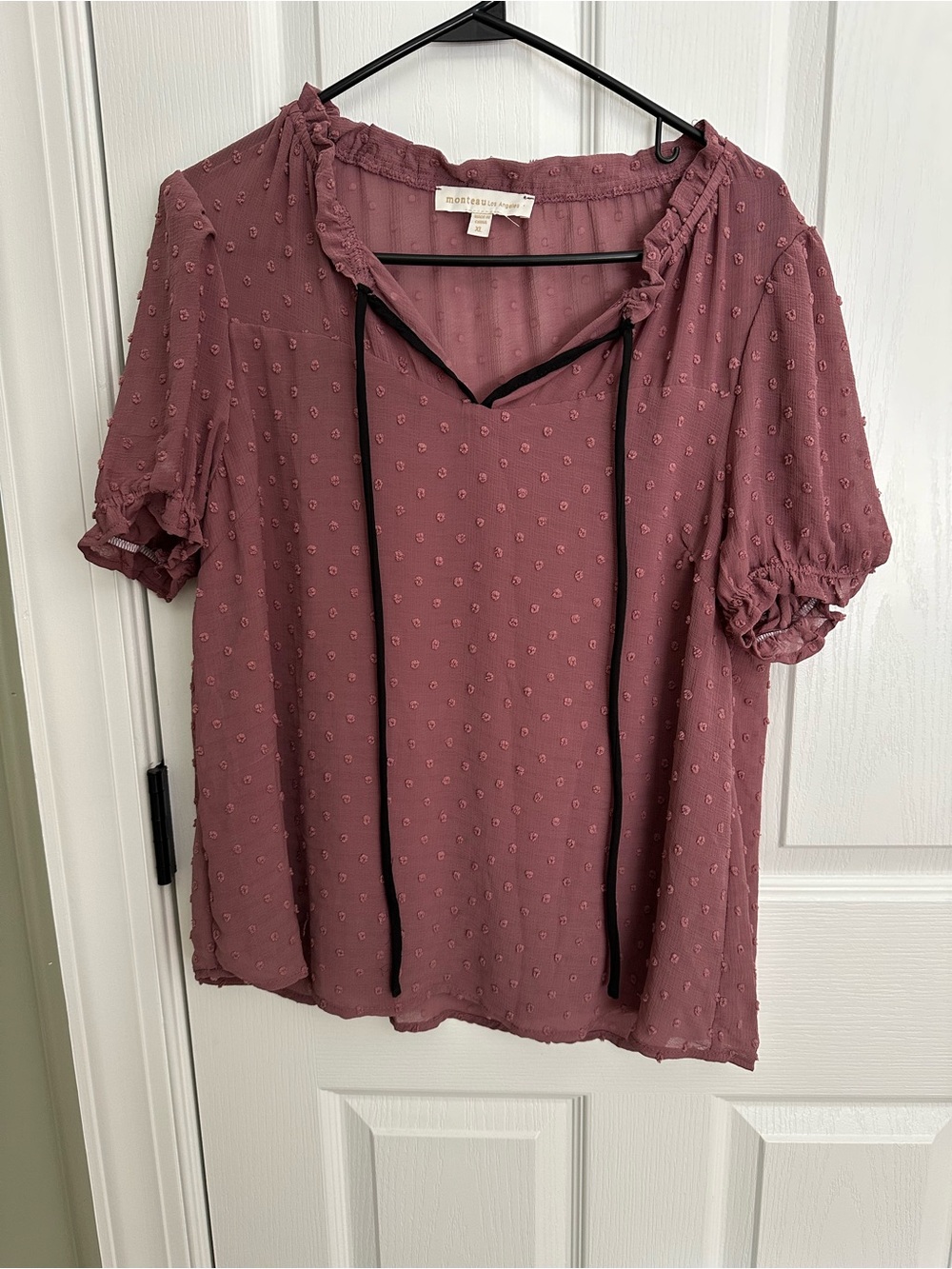 Mossimo Tie-Neck Swiss Dot Blouse in Dusty Rose